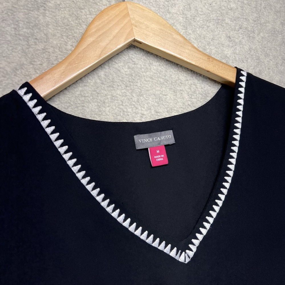 Vince Camuto Women's Black Bell Sleeve Blouse White Trim V Neck Size M - Picture 2 of 7